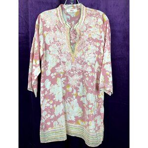NWOT 100% Silk Amaya Lagenlook Tunic Top Pink Floral Embroidery